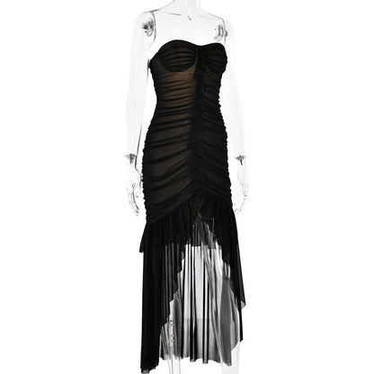 Sweetheart neck ruched ruffle tube midi dress