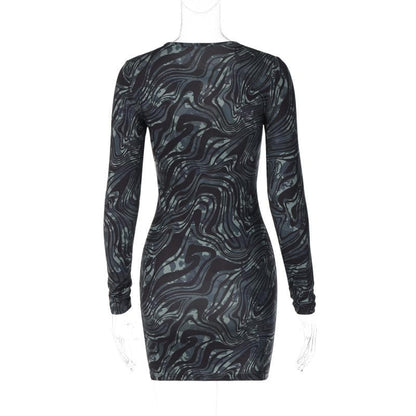 Ripple contrast long sleeve hollow out crewneck cut out mini dress
