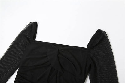 Long flared sleeve irregular mesh ruched mini dress