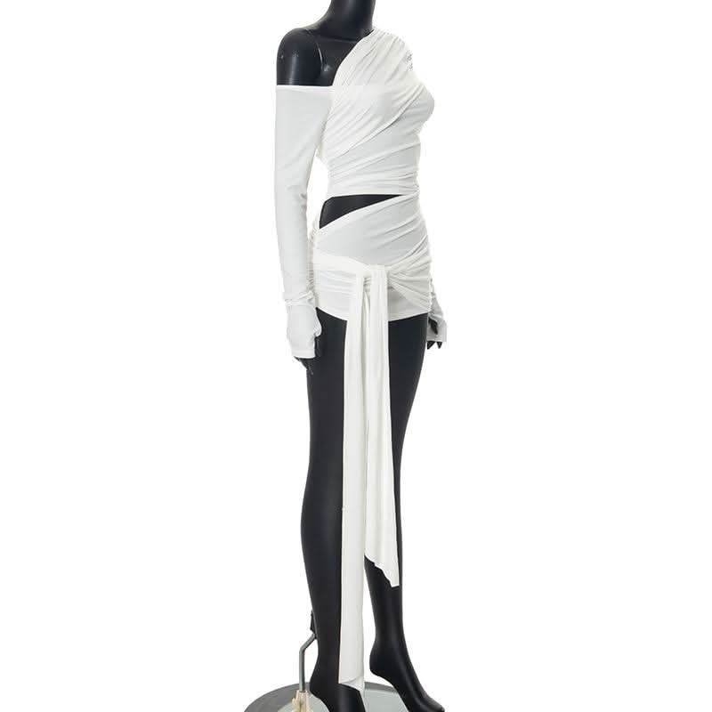 One shoulder long sleeve ruched hollow out knotted cut out top