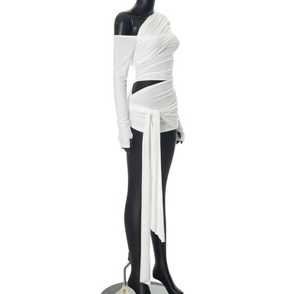 One shoulder long sleeve ruched hollow out knotted cut out top