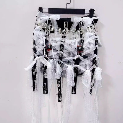Lace hem v neck bowknot self tie skull applique mini skirt set