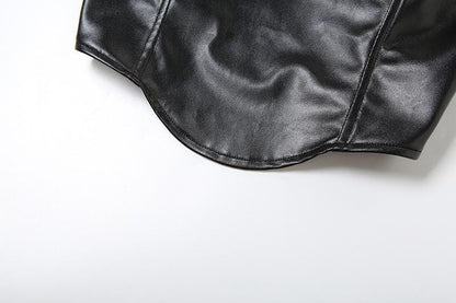 Solid PU leather zip-up v neck backless bustier tube crop top