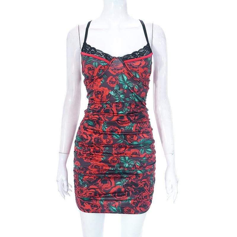 Floral Print Sweetheart Lace Trim Ruched Bodycon Cami Mini Dress