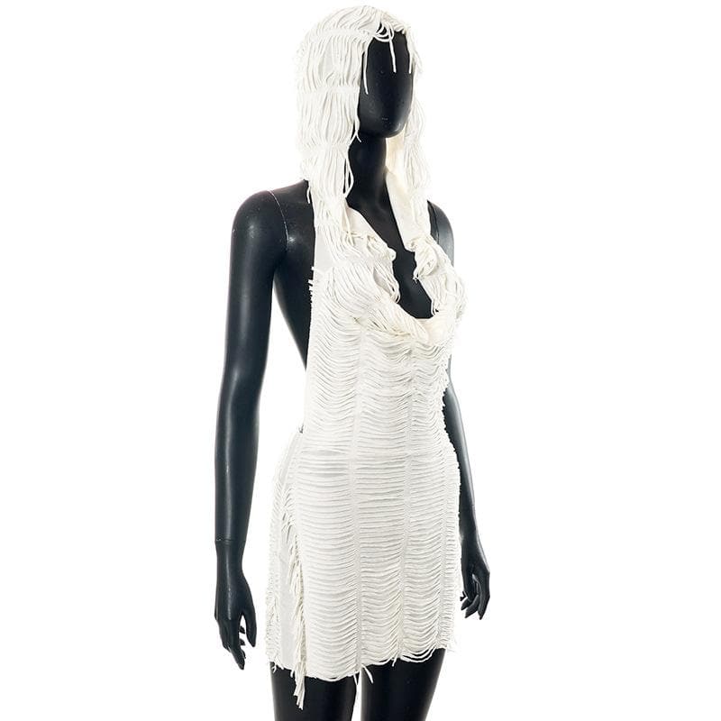 Layered Fringe Strip Cut Out Deep V Neck Sleeveless Backless Mini Dress