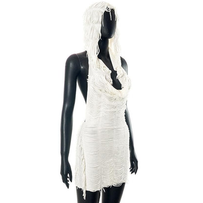 Layered Fringe Strip Cut Out Deep V Neck Sleeveless Backless Mini Dress