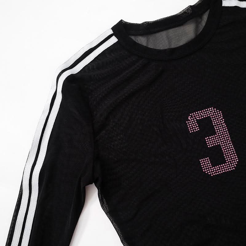 Long sleeve crewneck mesh beaded top