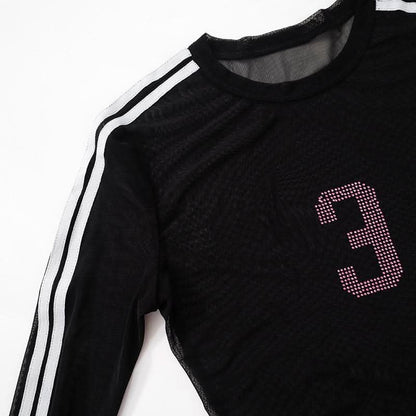 Long sleeve crewneck mesh beaded top