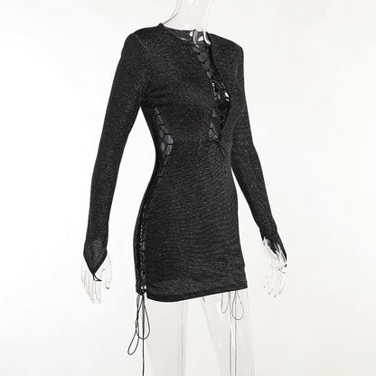 Crew Neck Long Sleeve Front Lace Up Side Lace Up Glitter Knit Mini Dress