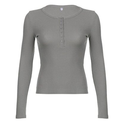 Ribbed solid long sleeve button crewneck top