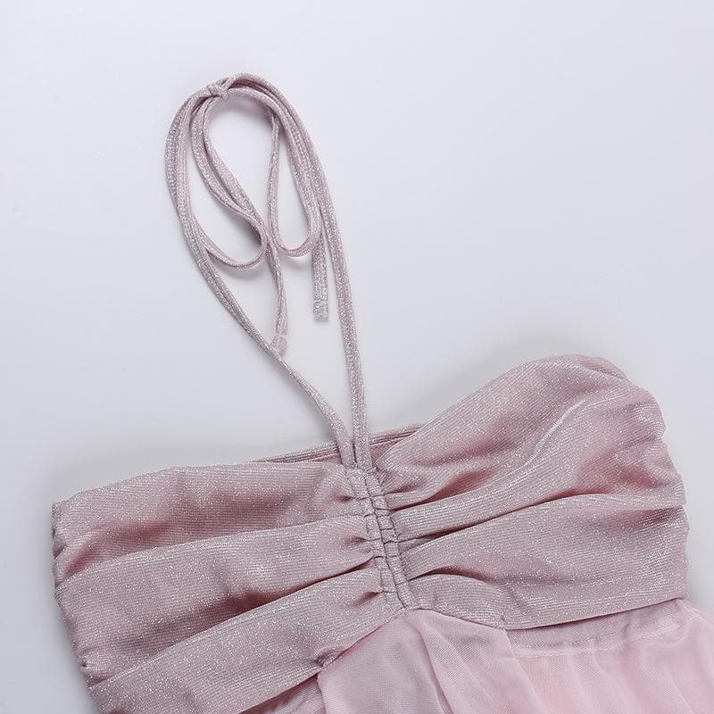 Halter drawstring ruched mesh glitter crop top