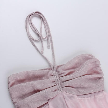 Halter drawstring ruched mesh glitter crop top