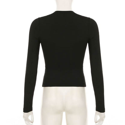 Long sleeve cross front hollow out fishnet patchwork cut out top