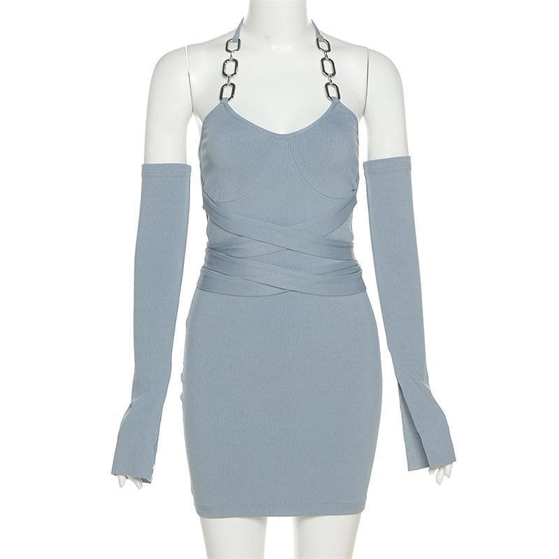 Self tie ribbed metal chain off shoulder long sleeve dress