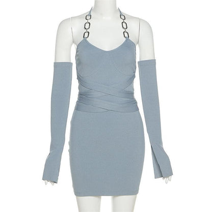 Self tie ribbed metal chain off shoulder long sleeve dress