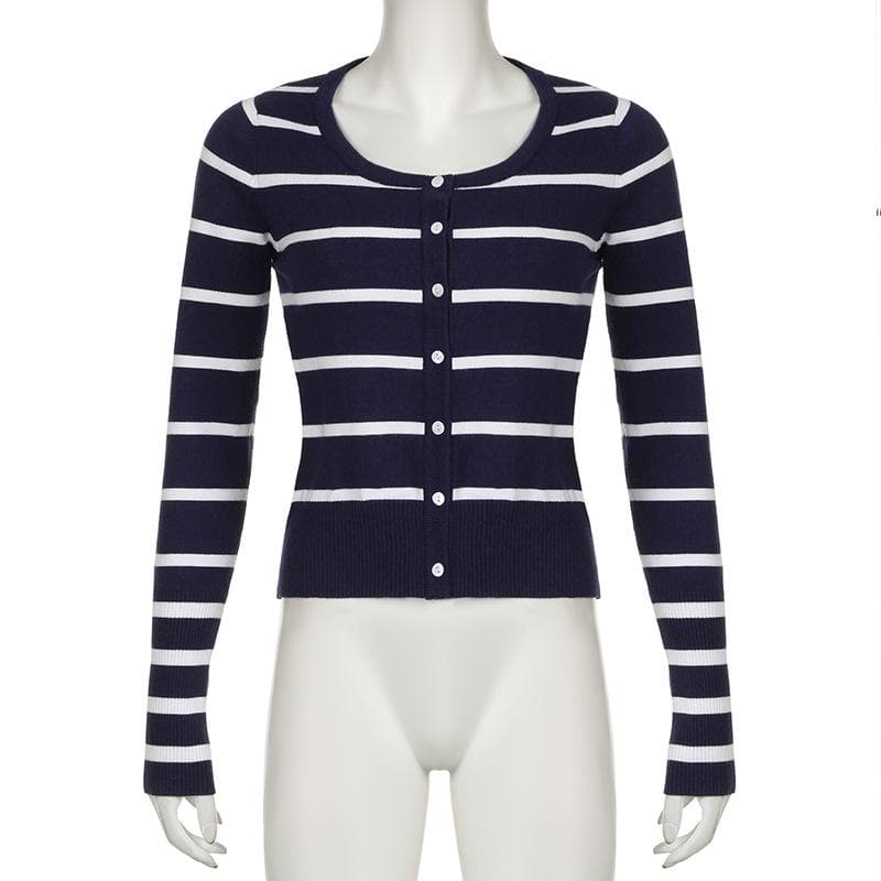 Round neck long sleeve button striped ribbed top