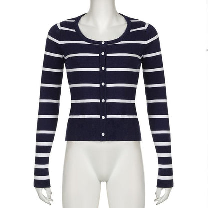 Round neck long sleeve button striped ribbed top