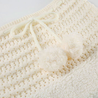 Hollow out drawstring fluffy self tie solid cut out mini skirt
