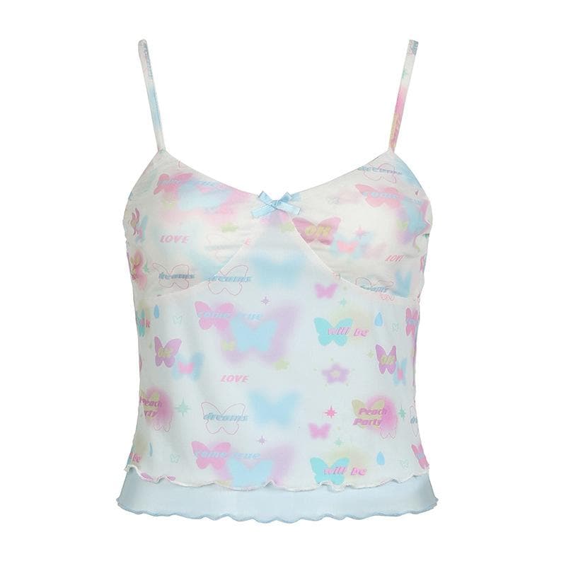 Bowknot butterfly print mesh ruffle cami top