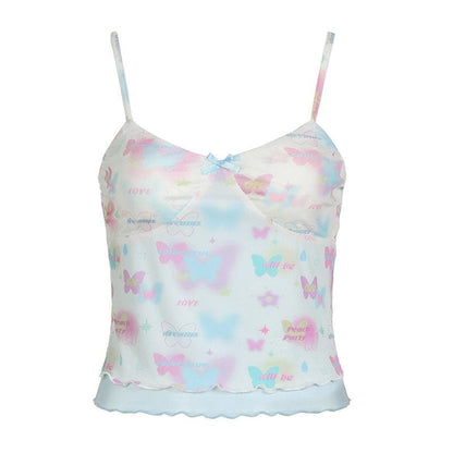 Bowknot butterfly print mesh ruffle cami top