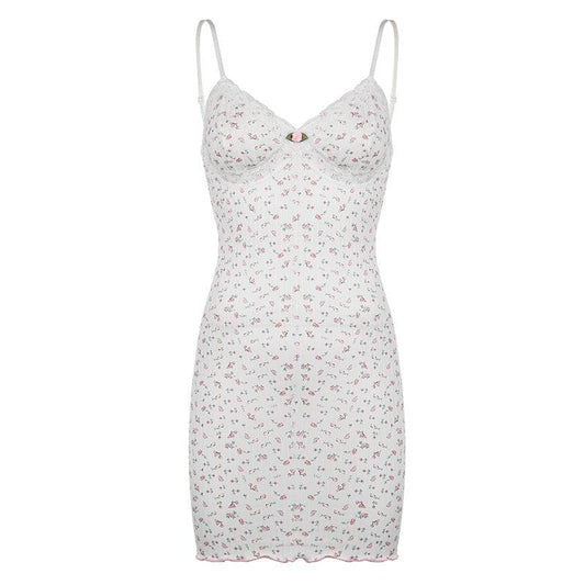 Textured print flower applique ruffle cami mini dress