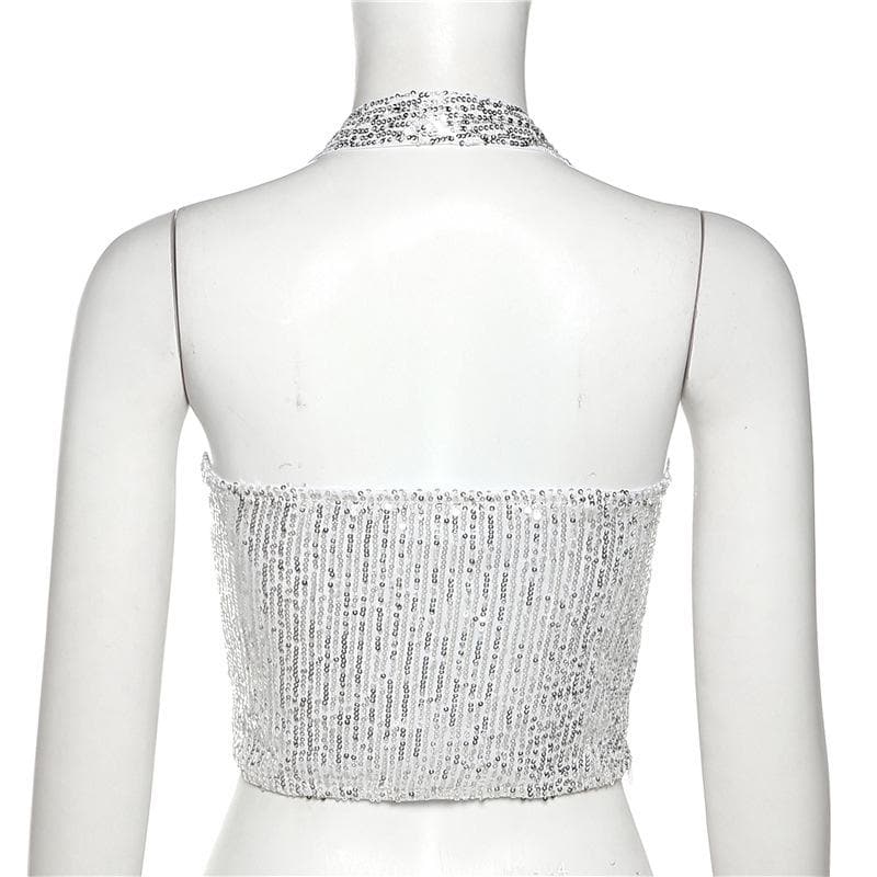 Beaded halter zip-up backless solid sleeveless crop top