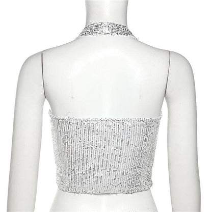 Beaded halter zip-up backless solid sleeveless crop top
