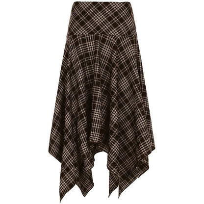 Plaid irregular zip-up contrast midi skirt