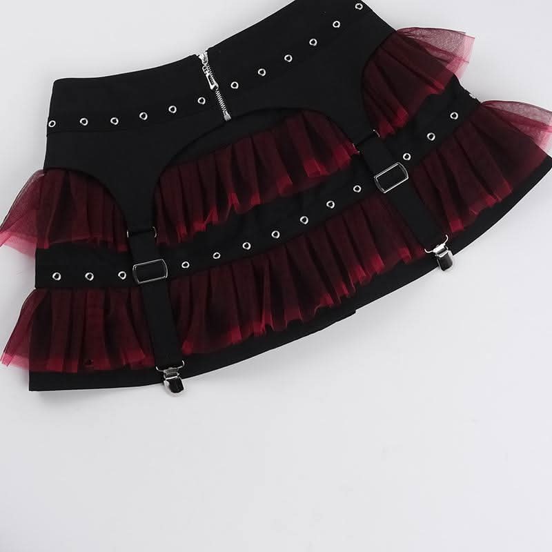 Mesh garter belt ruffle zip-up mini skirt