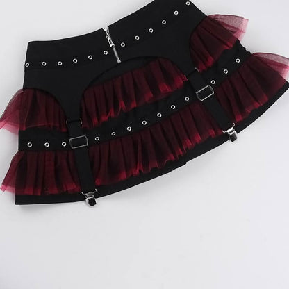 Mesh garter belt ruffle zip-up mini skirt