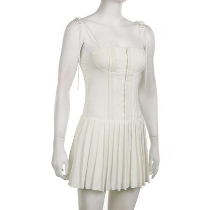 Corset Hook-Front Tie Shoulder Pleated Skirt Mini Dress