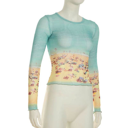 Long sleeve crewneck contrast mesh top