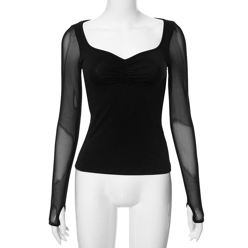 Gloves mesh long sleeve ruched v neck solid top