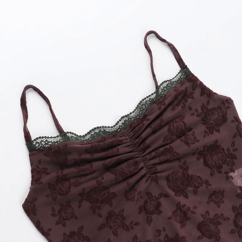 Lace hem ruched flower pattern mesh cami top