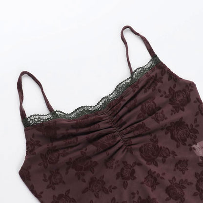 Lace hem ruched flower pattern mesh cami top