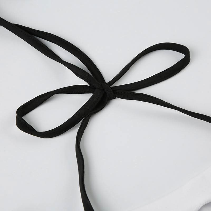 Halter v neck long sleeve bowknot top