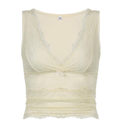 V neck sleeveless lace hem top