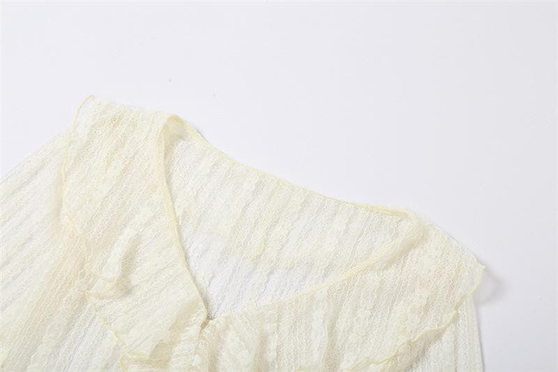Lace see through flared sleeve v neck ruffle solid button crop top