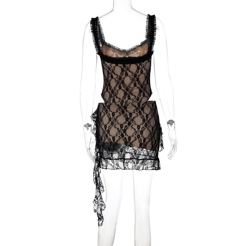 Lace ruffle ruched hollow out cami cut out mini dress