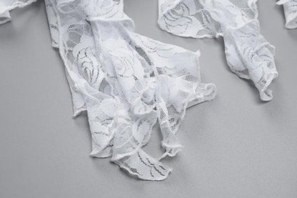 Long flared sleeve ruffle lace see through mini dress