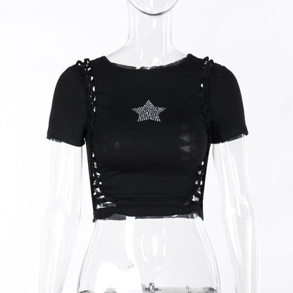 Short sleeve crewneck beaded hollow out cut out top