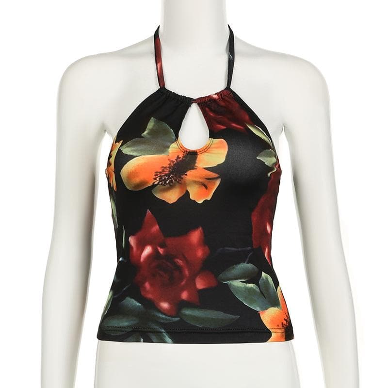 Halter drawstring ruched hollow out flower print cut out top