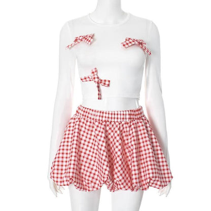 Bowknot long sleeve crewneck plaid mini skirt set