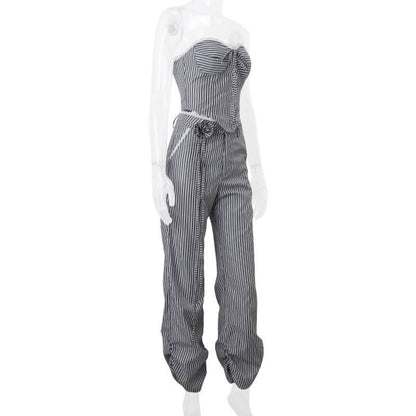 Ruched striped zip-up lace hem medium rise pant