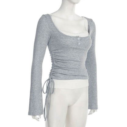 U neck long sleeve lace hem drawstring 2 piece top