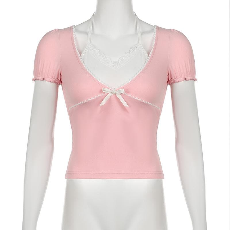 Short puff sleeve halter patchwork bowknot top