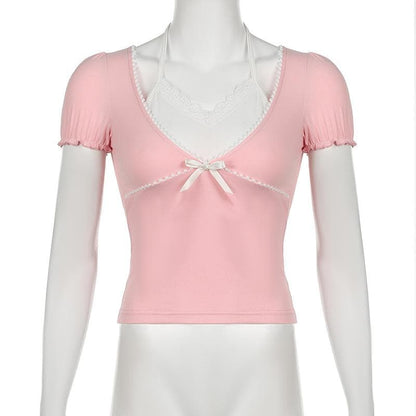 Short puff sleeve halter patchwork bowknot top