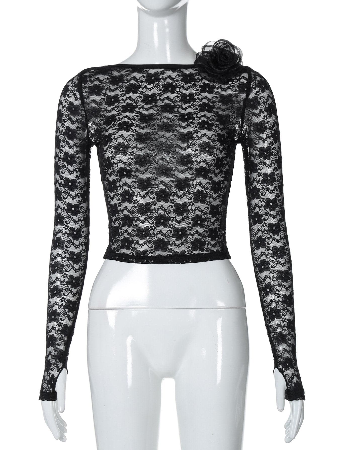 Long sleeve lace flower applique backless top