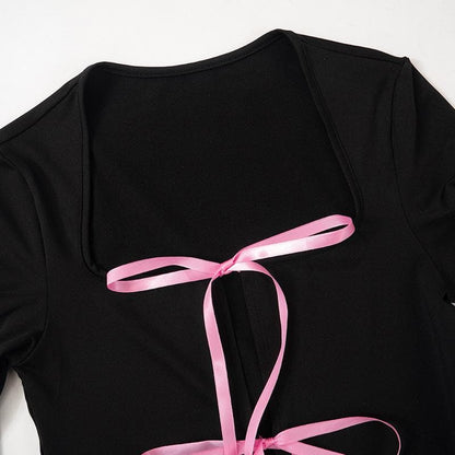 Long sleeve bowknot hollow out ribbon cut out top