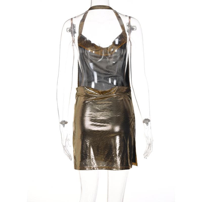 Halter cowl neck metallic high slit backless mini dress